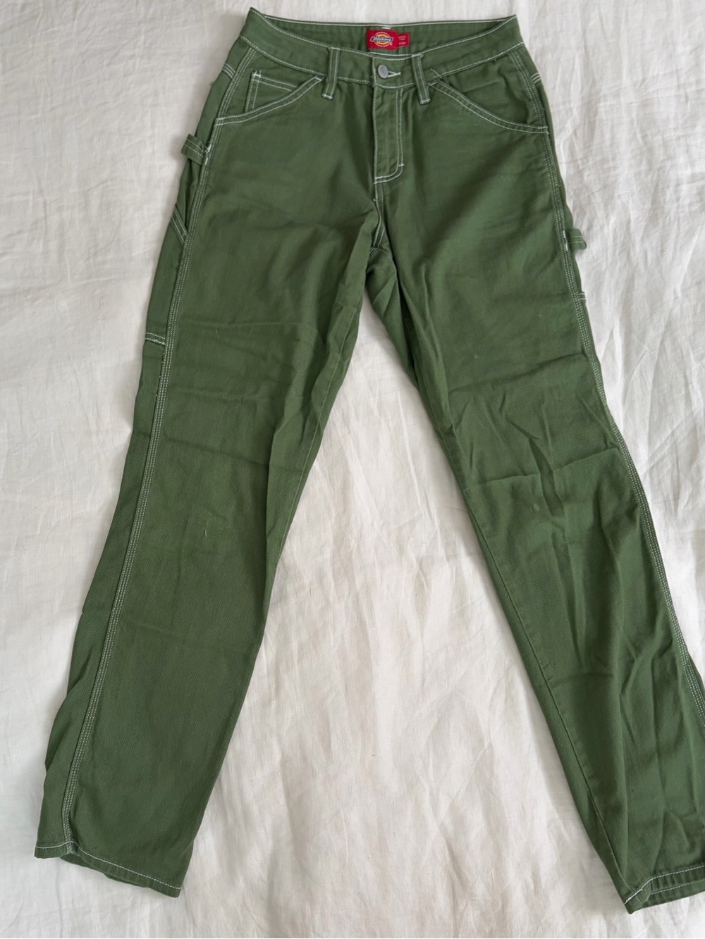 Dickies Olive Green Work Pants with White Contrast Stitching